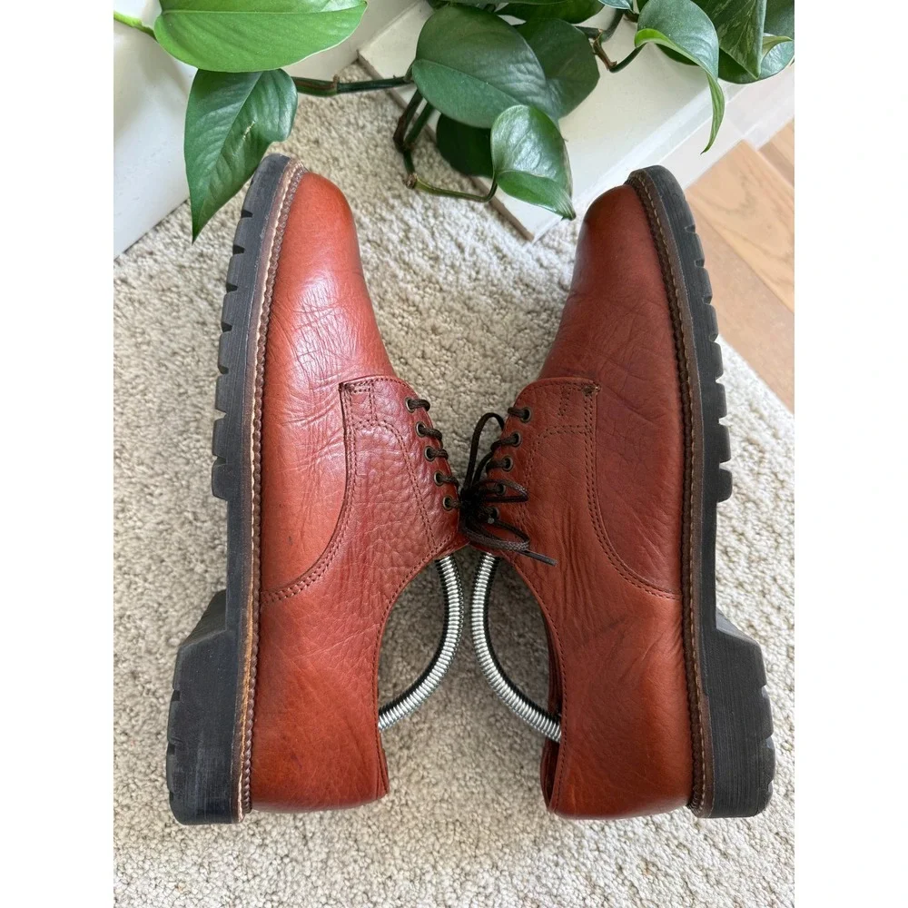 H.S. Trask Bison Leather Oxfords Men 9 W Cognac Lug Sole Derby VINTAGE 90s USA